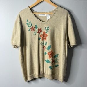 Alfred Dunner Sweater Short Sleeve Cotton Blend Fall Flower Embellished Size XL
